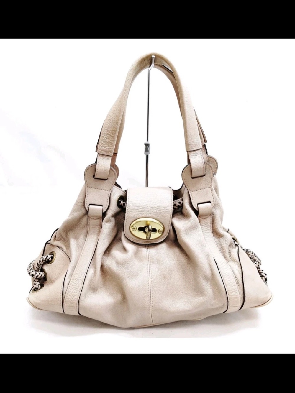 Mulberry Beige Leather Shoulder Bag with Gold Turn-Lock